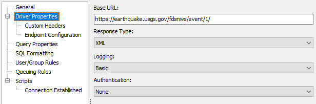 Driver Properties screen with Base URL of https://earthquake/usgs.gov/fdsnws/event/1/, response type of XML, logging basic, and authentication none.